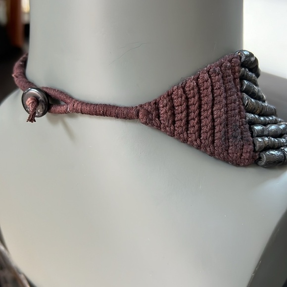 Black Dark Brown Wood Beaded Necklace 8 Strand Rounded Crochet Side Details - Picture 4 of 12